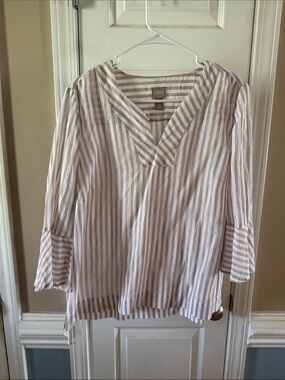 Chico's Beige and White Striped V-Neck Tunic